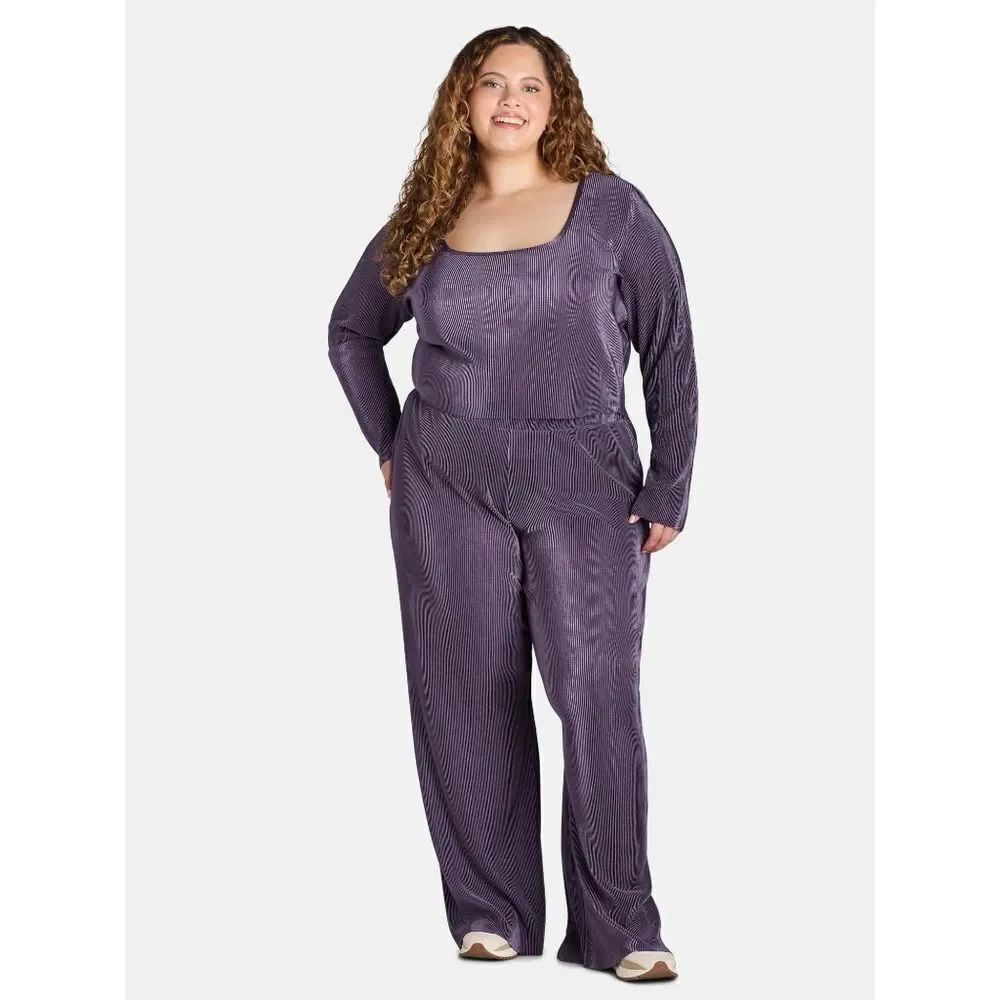 🆕👖Pleated Square Neck Top and Pants Set -Elderberry
